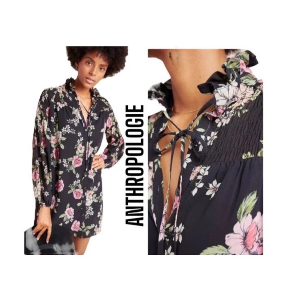 ANTHROPOLOGIE YUMI KIM ASTORIA BLACK FLORAL DRESS button mock tie